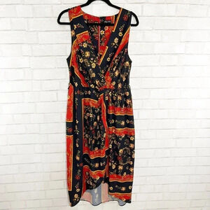 City Chic Black & Red Floral Sleeveless Midi Dress with High Low Hem Women's 14